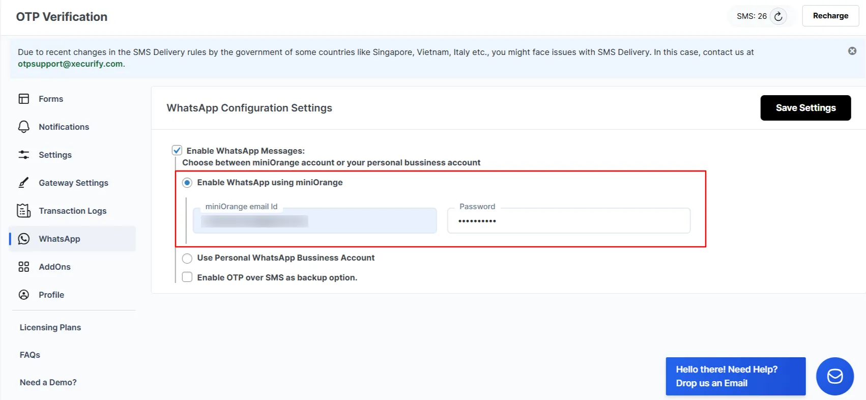 WhatsApp OTP Verification - Enter miniOrange credentials