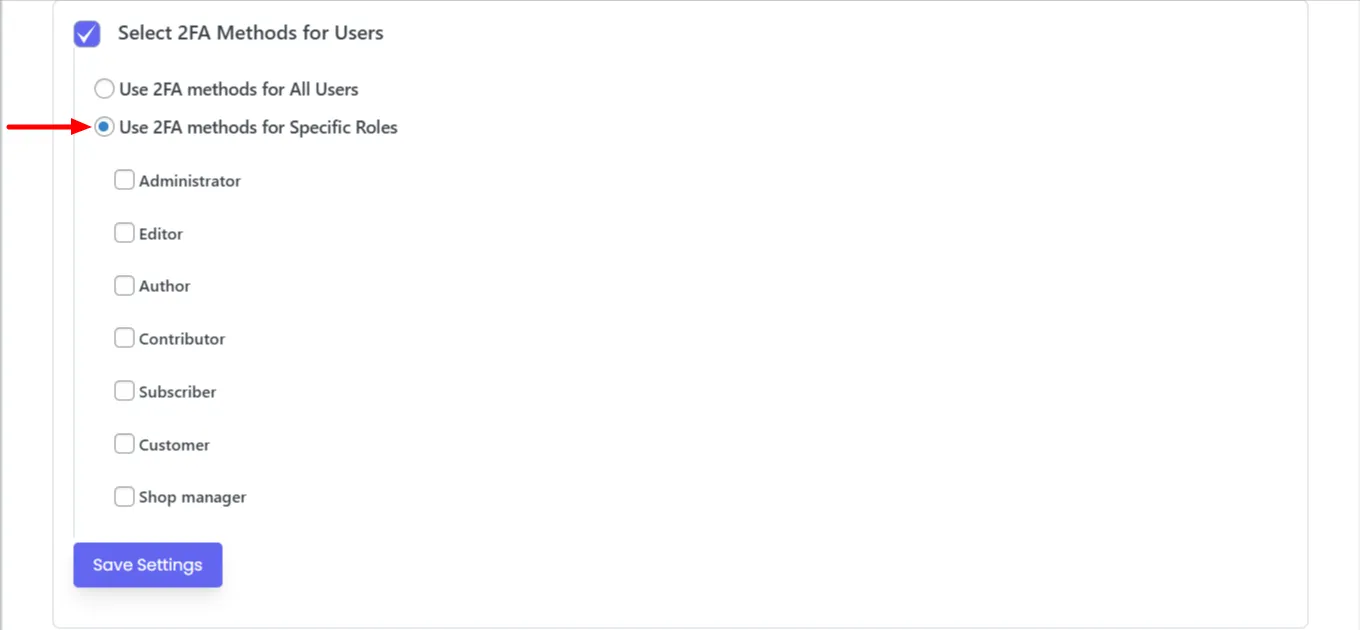Quick Setup tab - methods specific role option