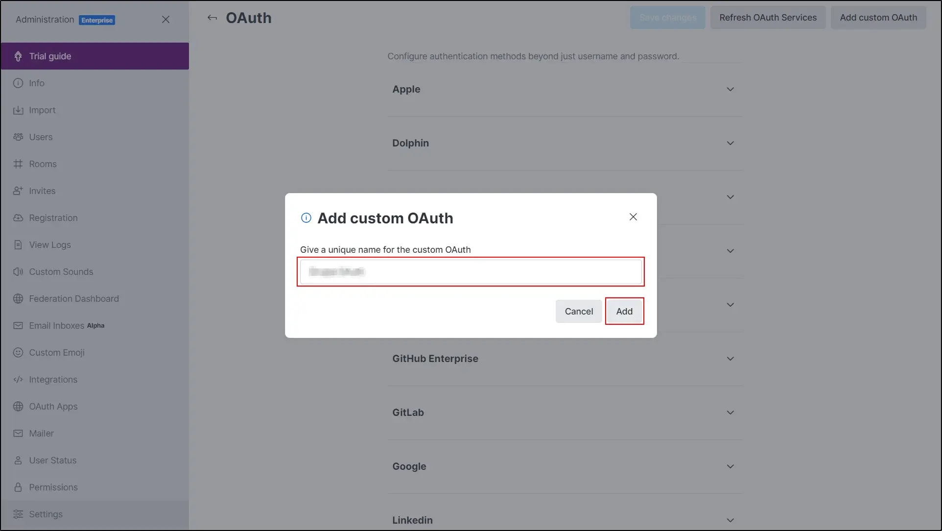 Magento Rocket.Chat OIDC Single Sign-On - Give a unique name for the custom OAuth field then click Add button