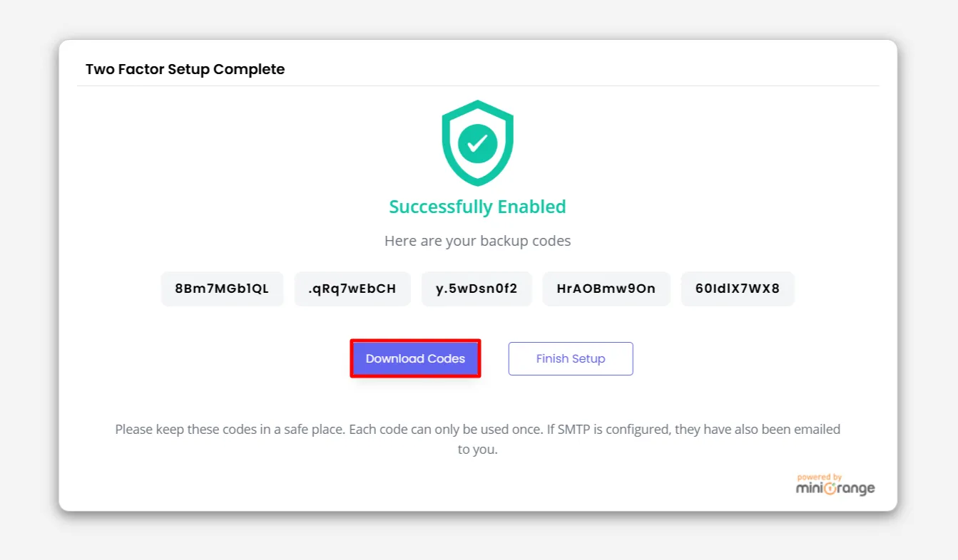 Quick Setup tab - Backup code screen