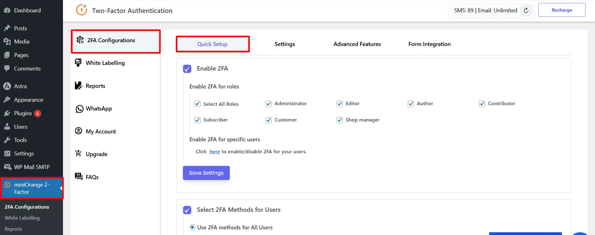 Quick Setup tab - 2FA Configuration tab