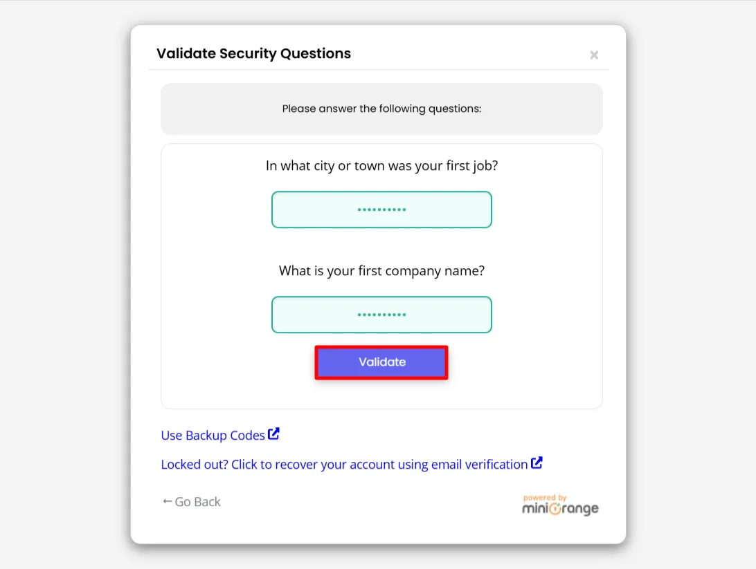 Quick Setup tab - Security question click Validate button