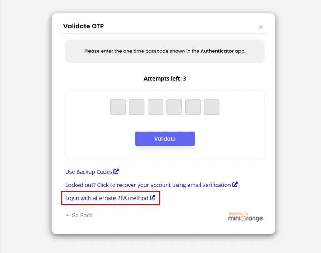 Quick Setup tab - Click Login with alternate 2FA method