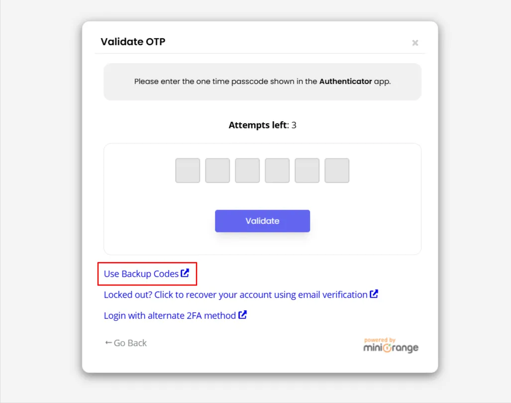 Quick Setup tab - Click link to use Backup code