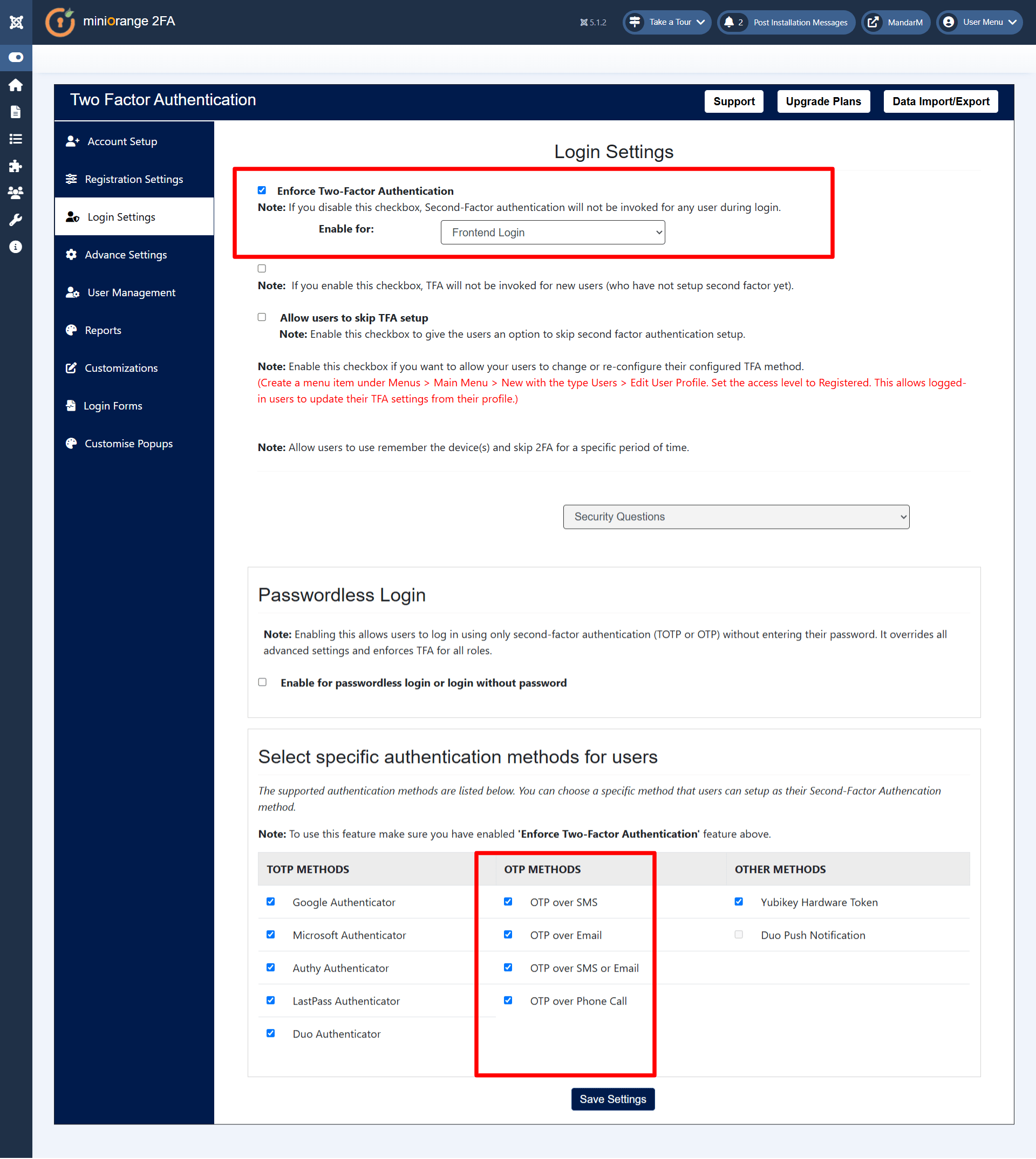 Enable OTP methods for 2FA