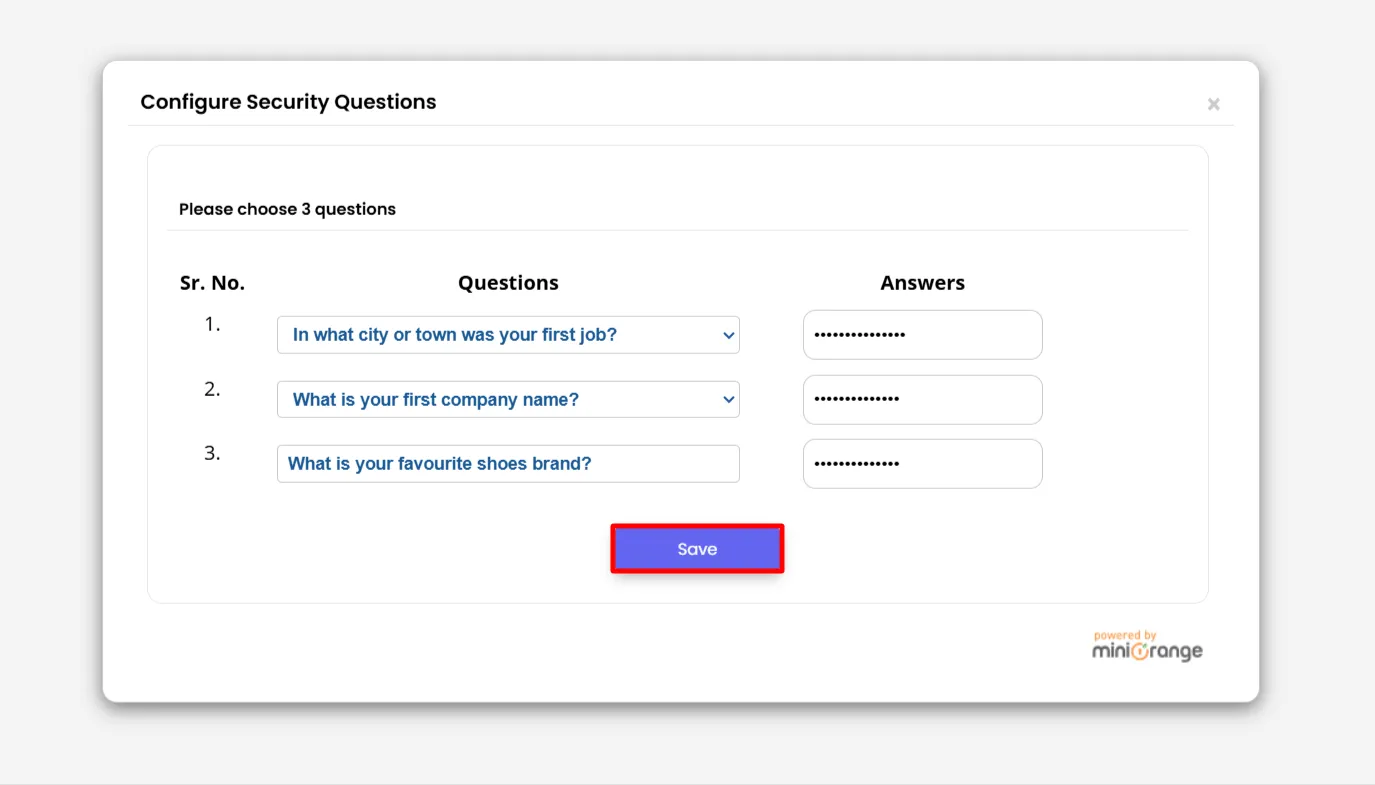 Quick Setup tab - Set Security questions
