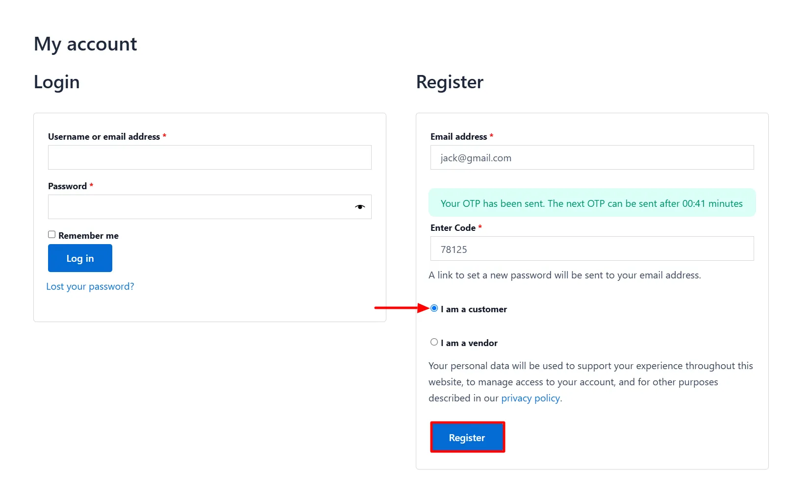 Customer Registration Form - Enter OTP Code