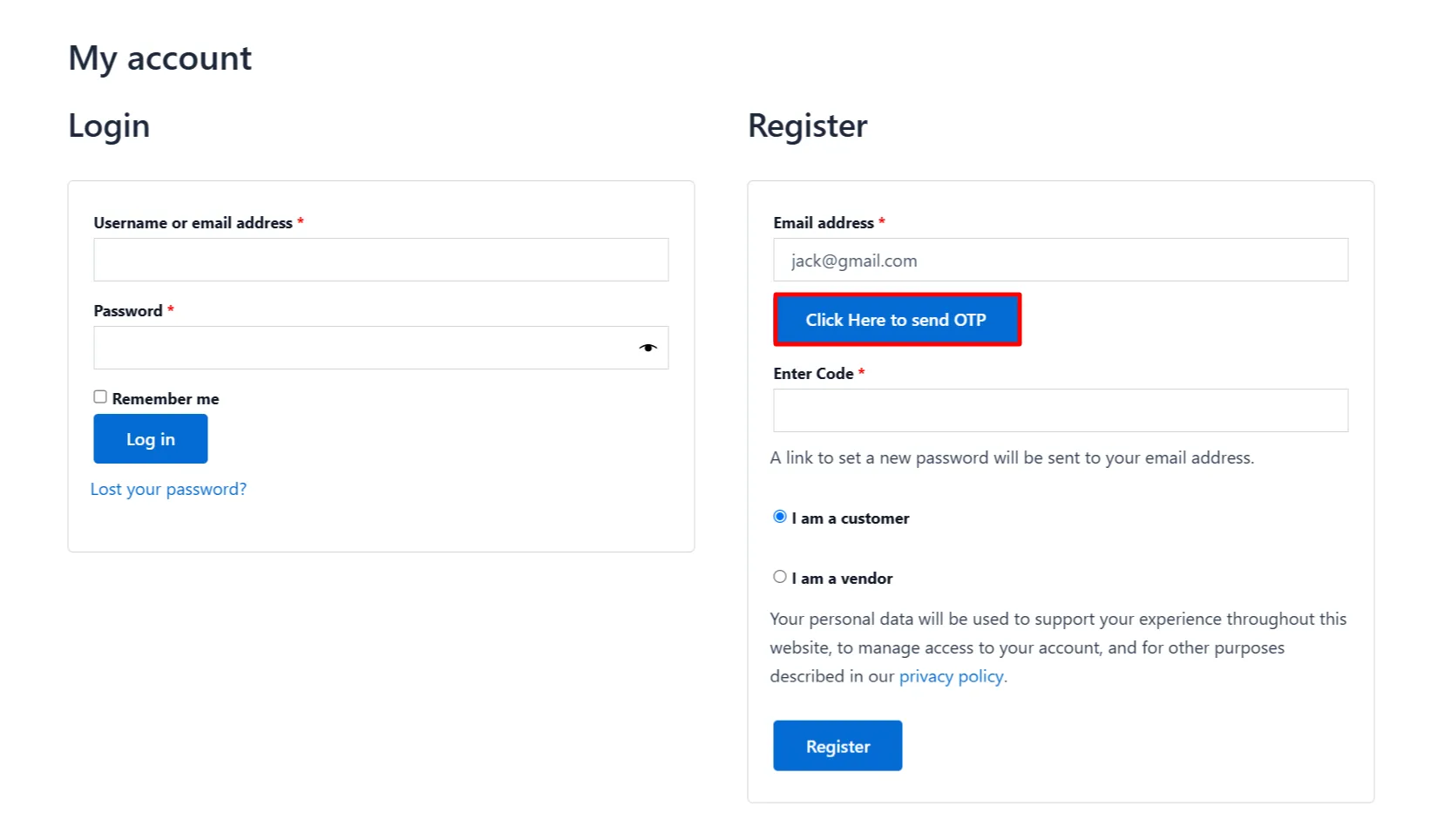 Customer Registration Form - Enter email address