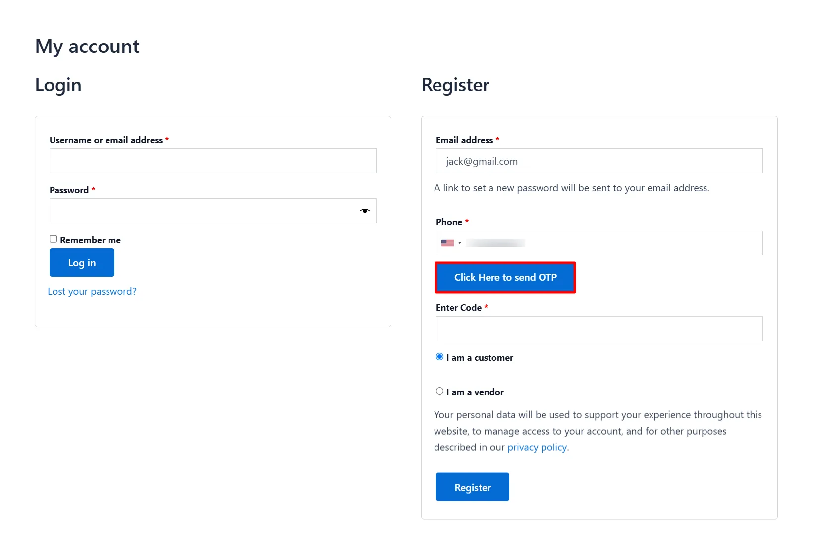 Customer Verification - Click here to send OTP