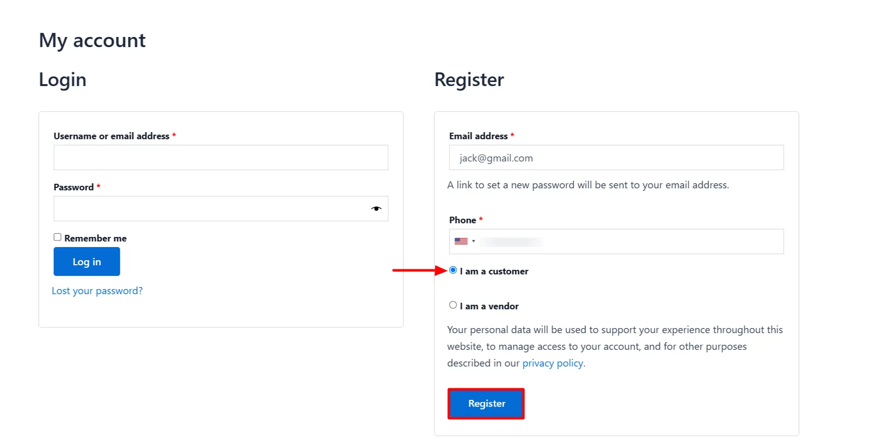 Dokan Registration Form - Click Register button