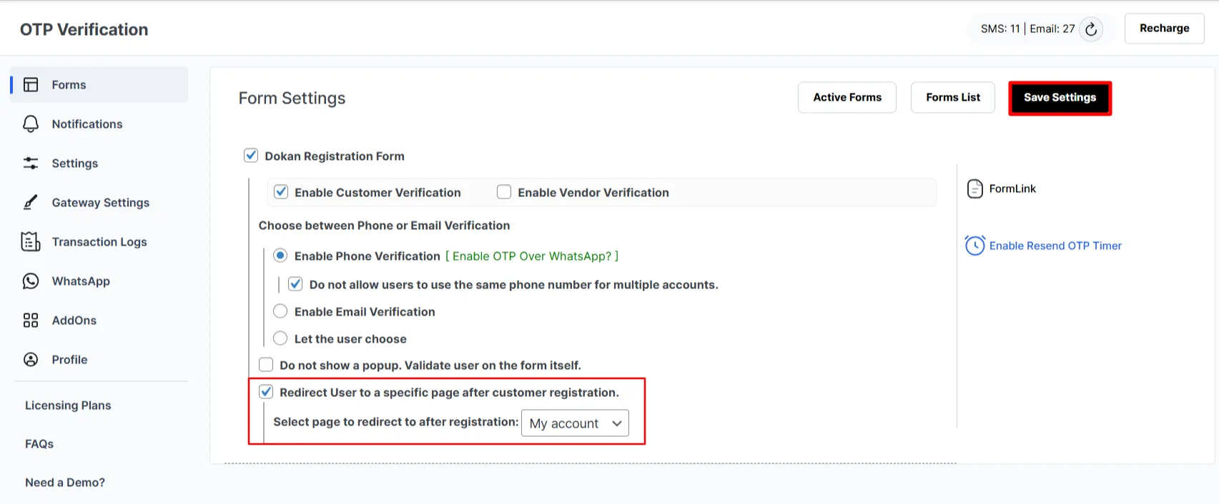 Customer Registration Form - enable redirection option
