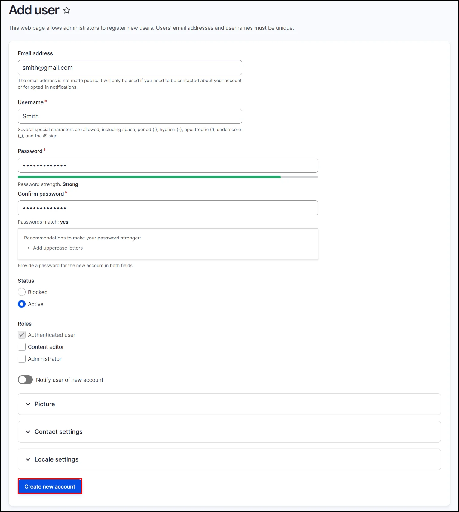 Drupal user provisioning - Enter user details