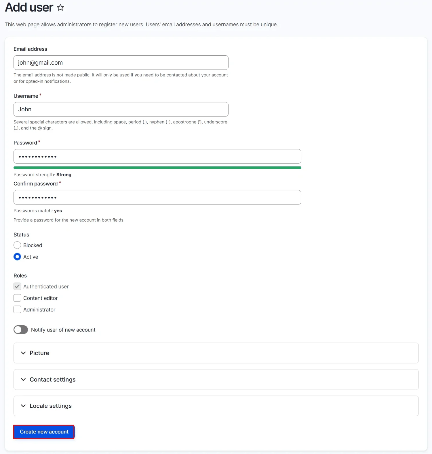 Drupal user provisioning - Enter user details