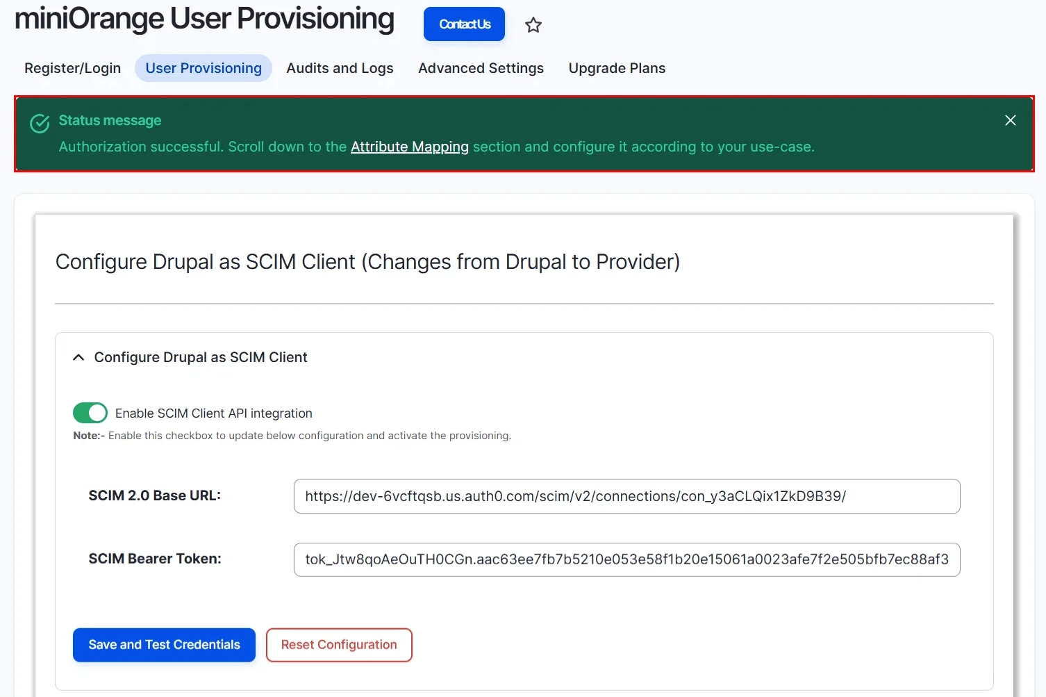 Drupal user provisioning - test configuration successfull