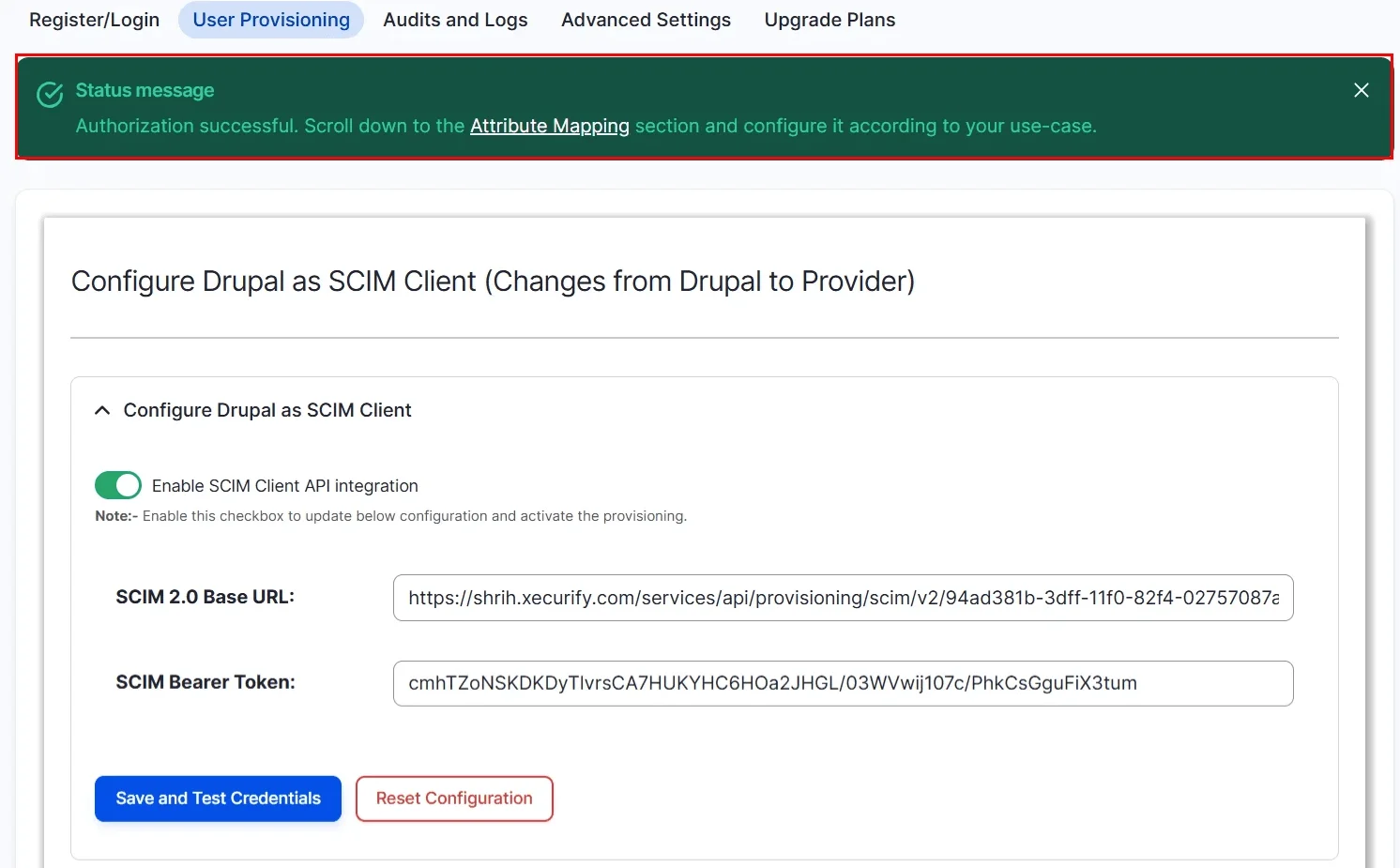 Drupal user provisioning - test configuration successfull