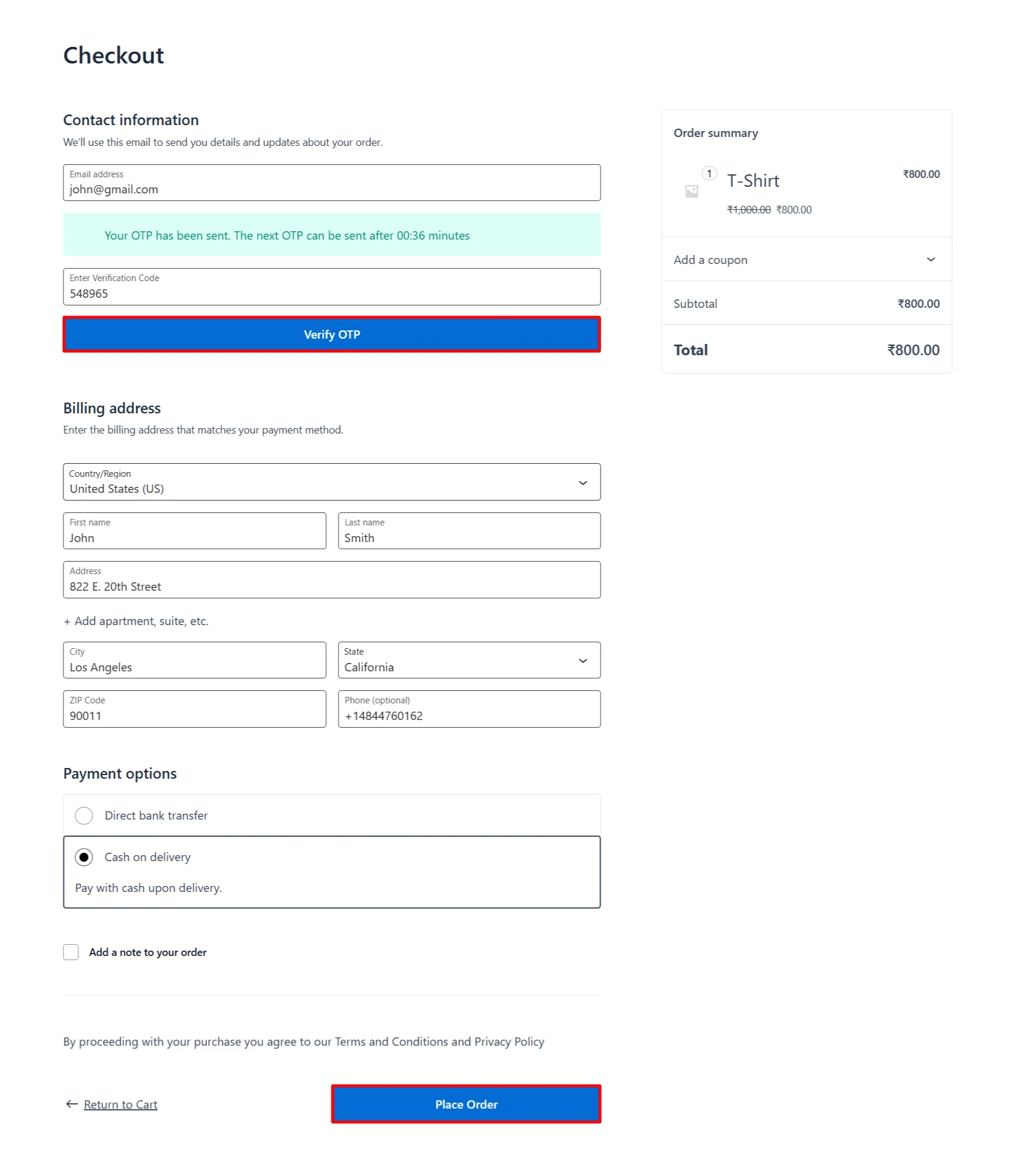 WooCommerce Checkout Form - Email place order