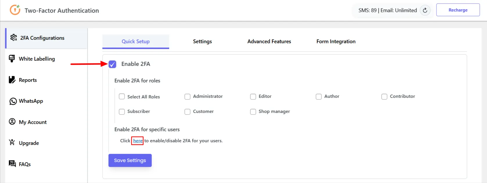 Quick Setup tab - click link