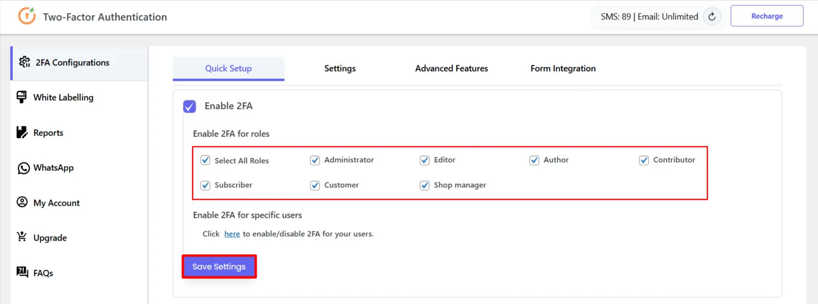 Quick Setup tab - Select user role
