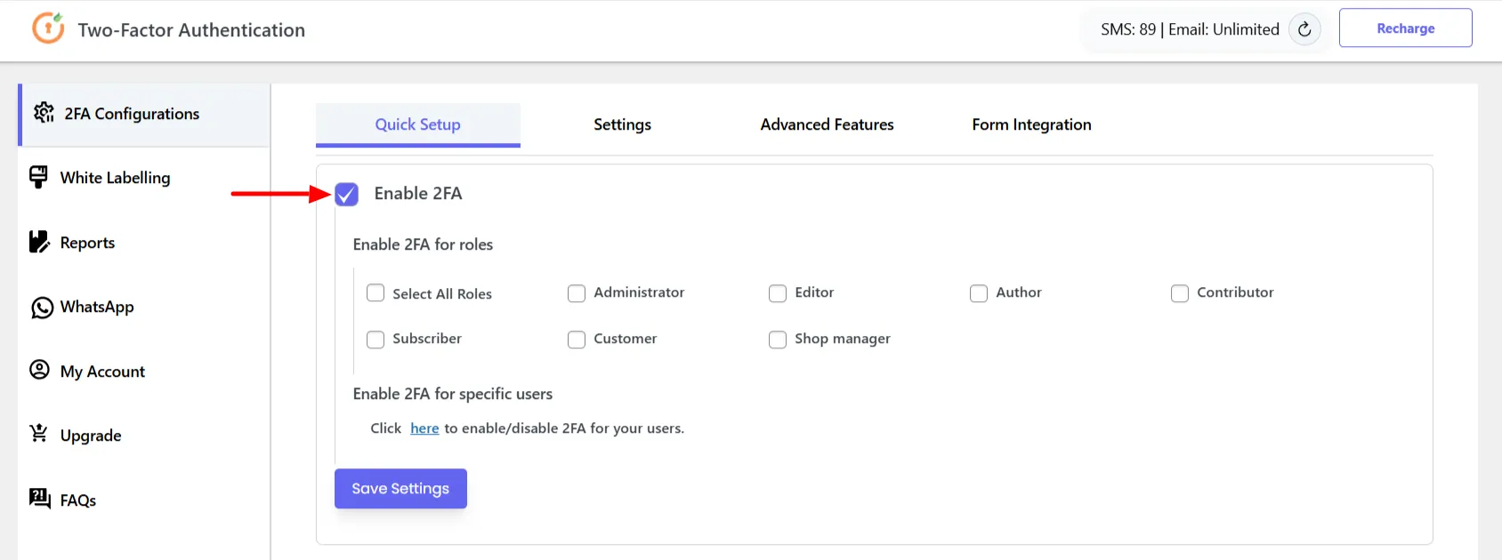 Quick Setup tab - enable 2FA option