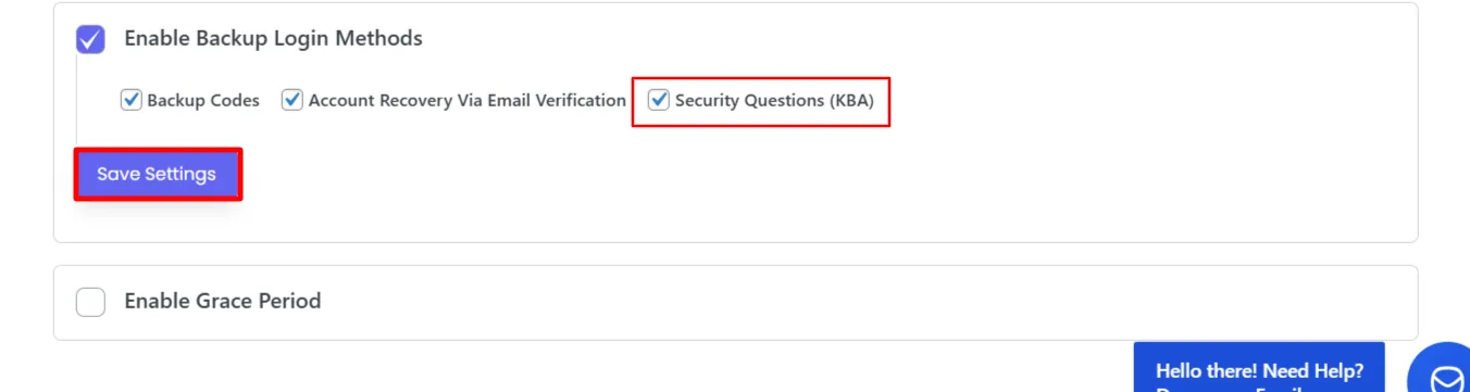 Quick Setup tab - Eanble Security Questions as backup login method