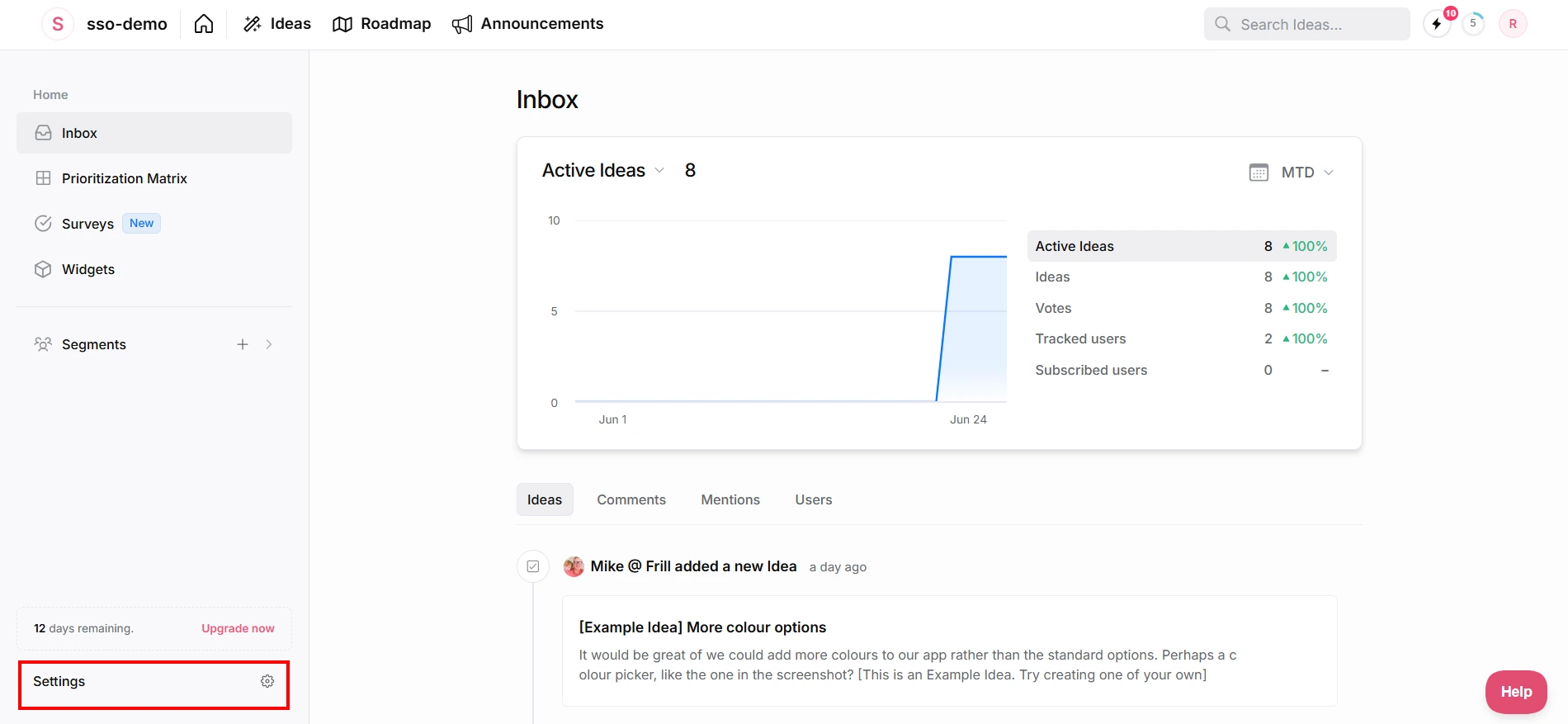 Frill SSO using Shopify as an Identity Provider (IdP) - Navigate to Settings