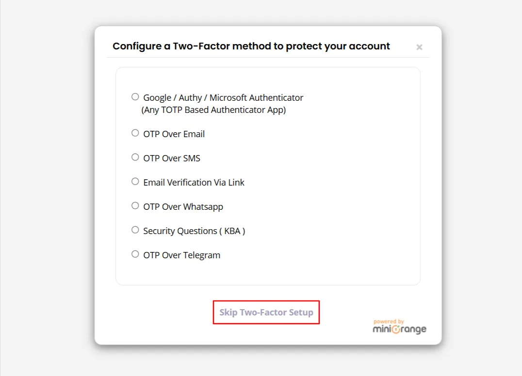 Quick Setup tab - Skip Two-Factor Setup