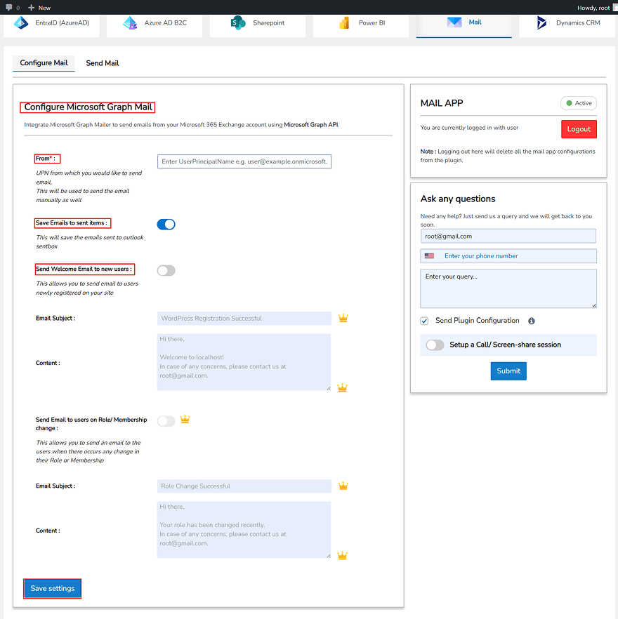 Office365 integration | Microsoft Graph Mailer - Configure Mail Settings