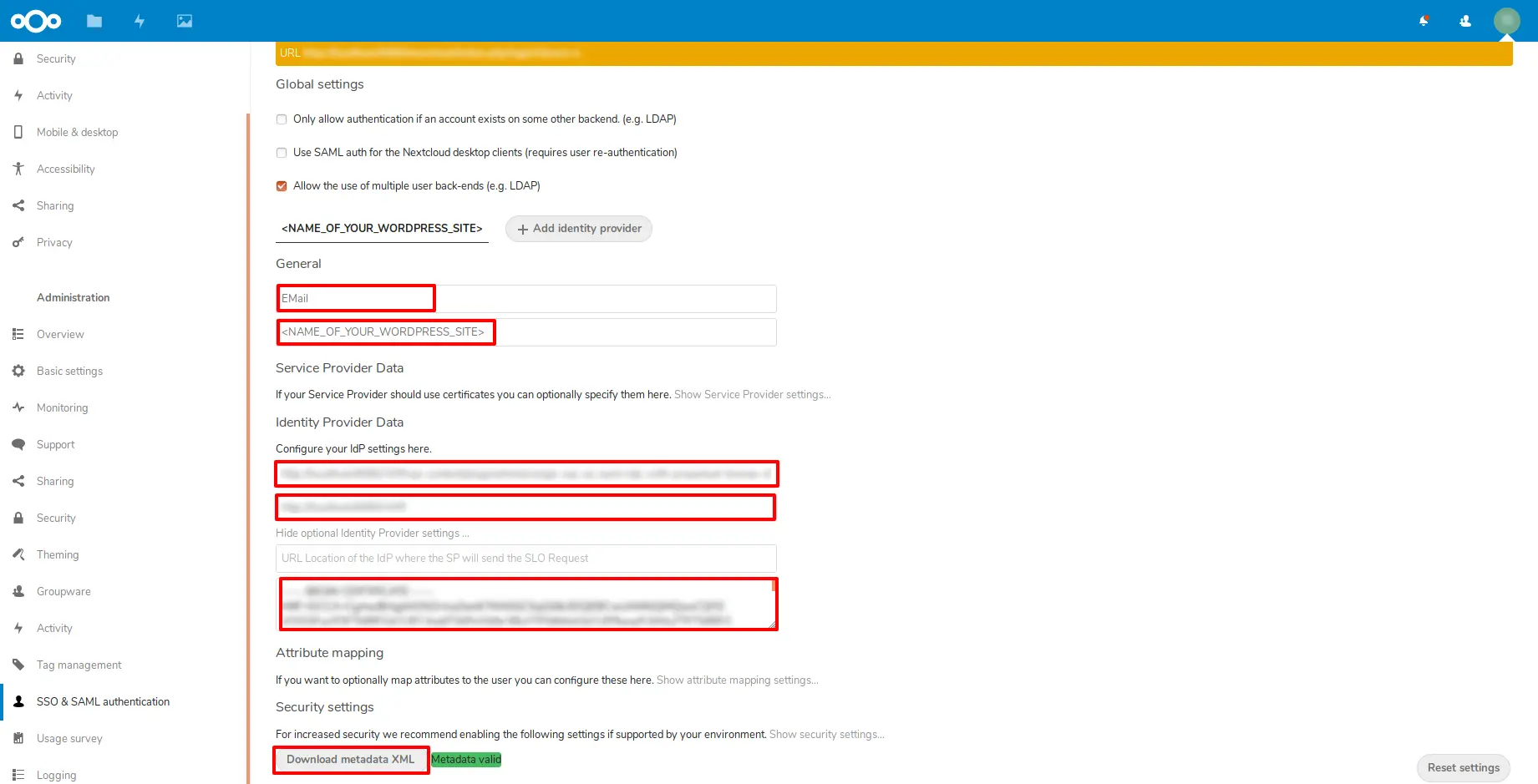  Nextcloud Magento Single Sign-On |  Enter IDP info Nextcloud as SP