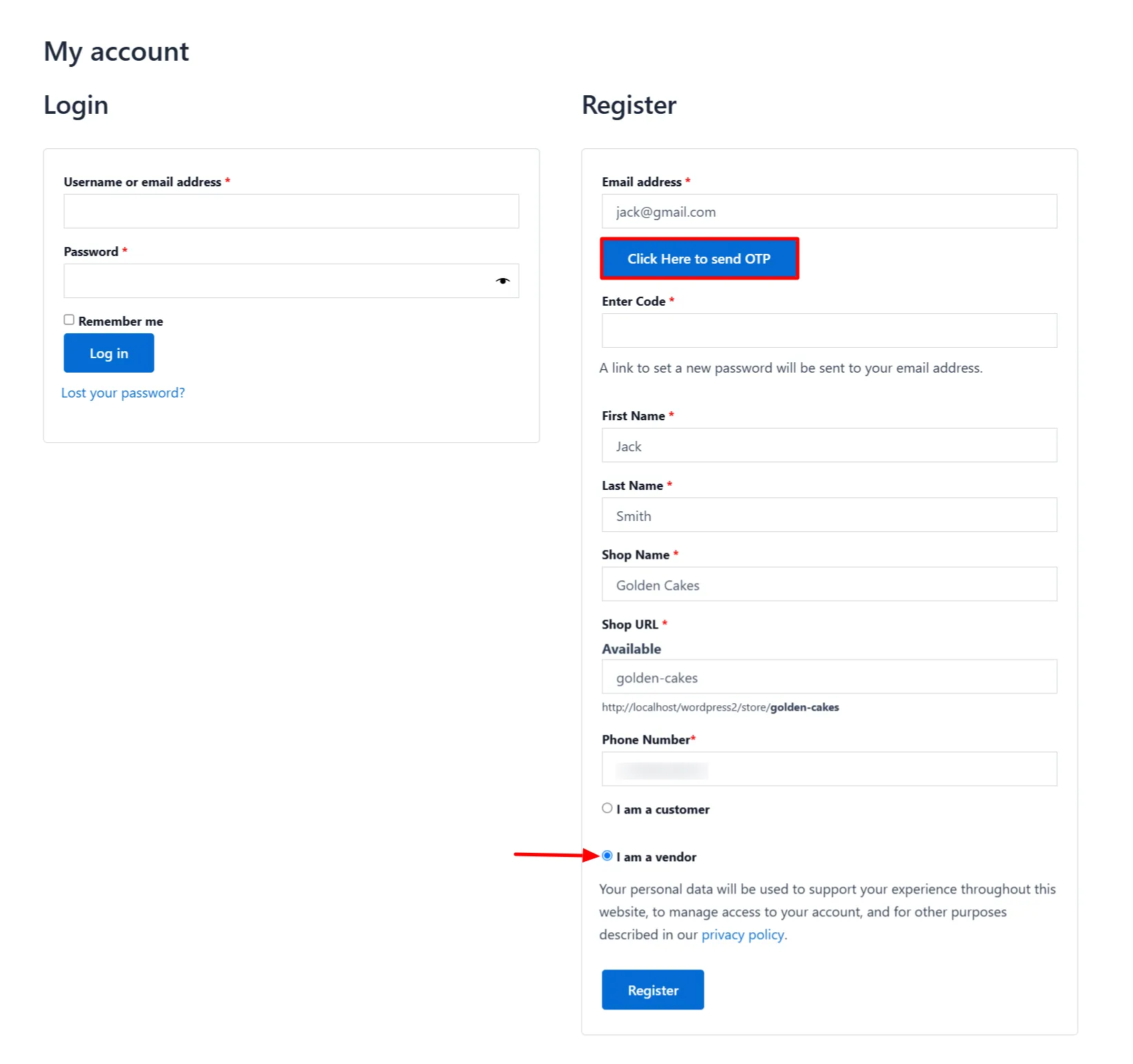 Vendor Verification - Click here to send OTP