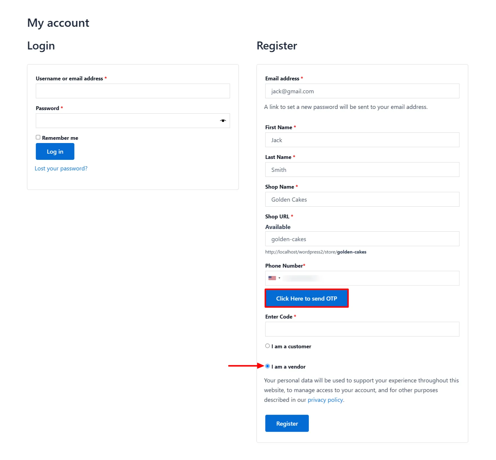 Vendor Registration Form - Select I am a Vendor