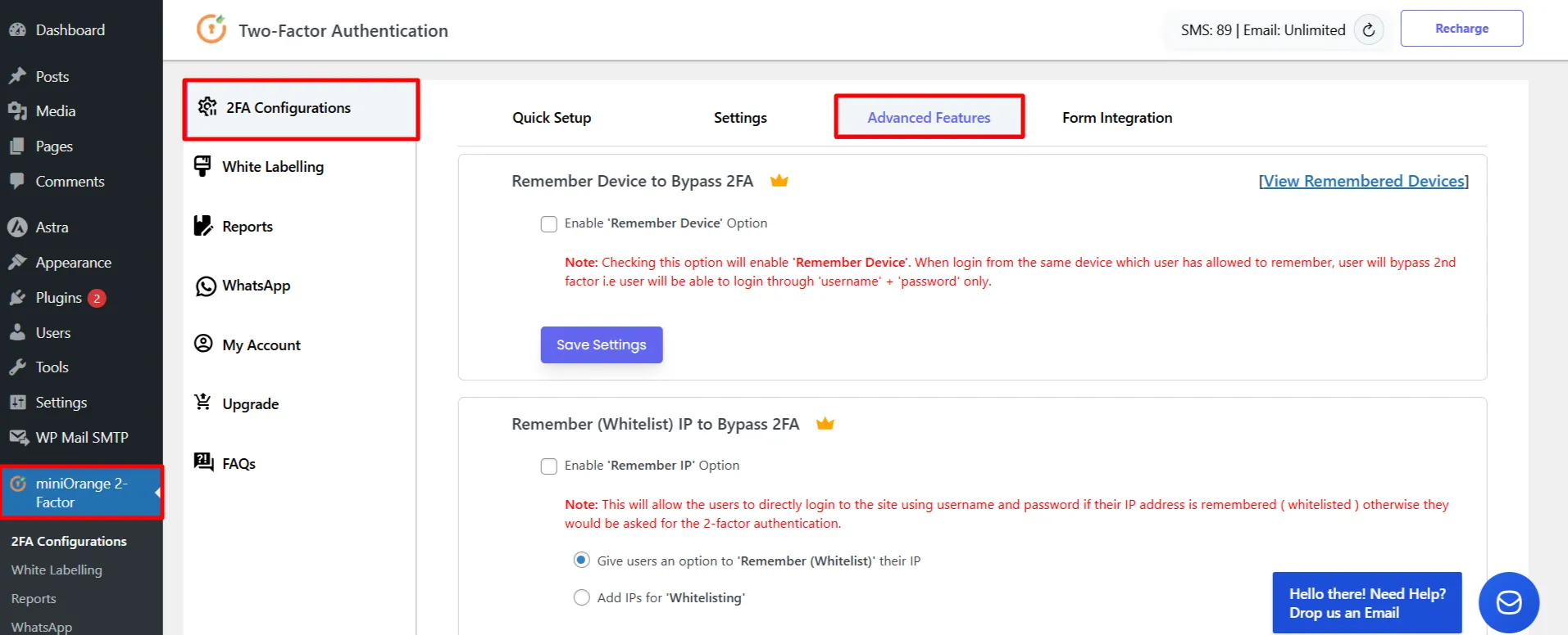 Passwordless login 2FA - White 2FA Configuration Tab