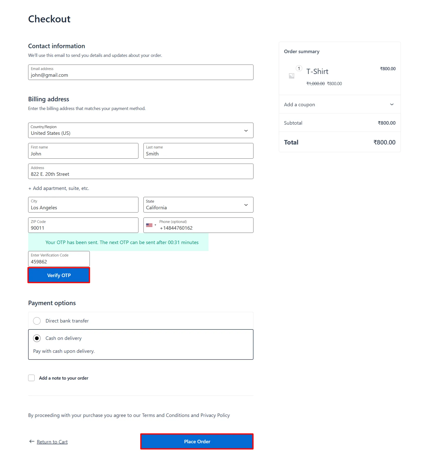 WooCommerce Checkout Form - place order