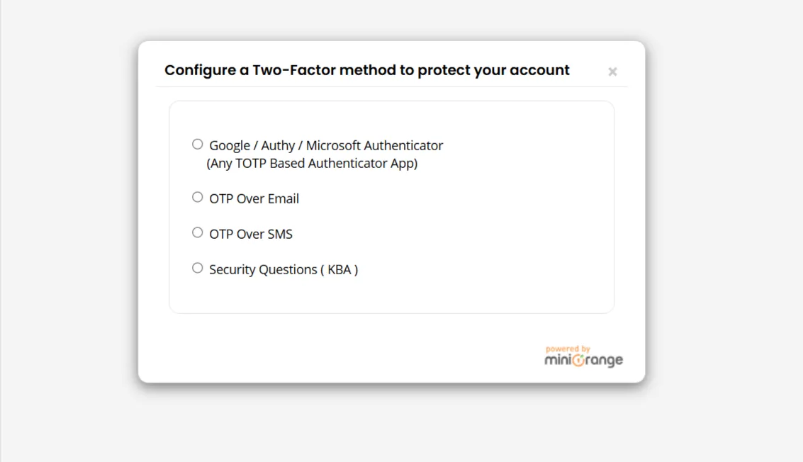 Quick Setup tab - Two-Factor Authentication methods list