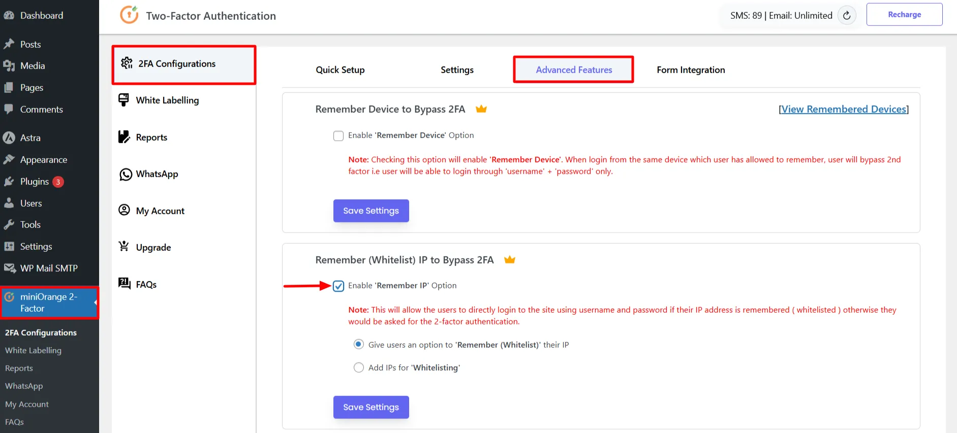 Remember Whitelist IP Addresses - 2FA Configuration tab