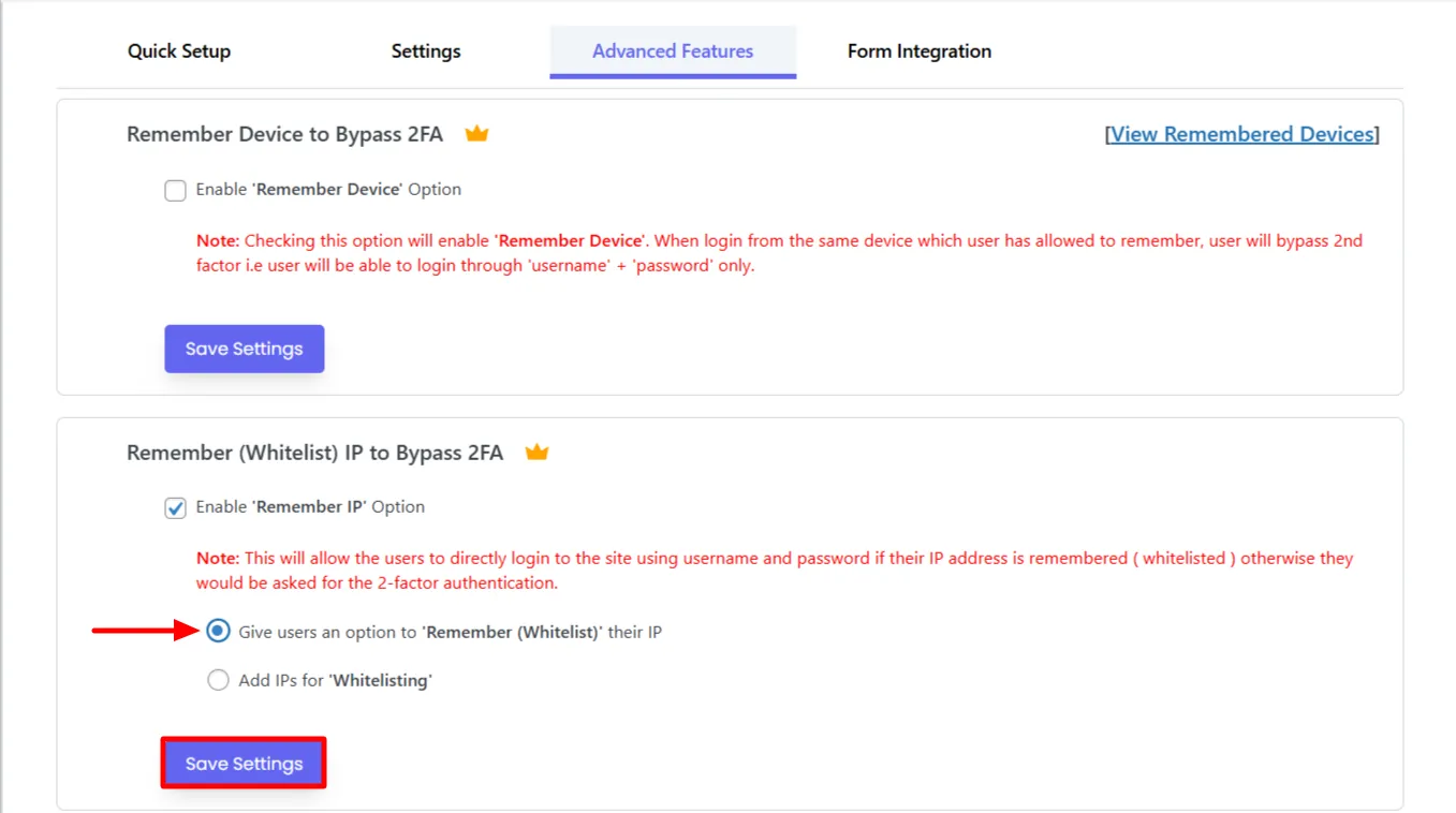 Remember Whitelist IP Addresses - click save settings
