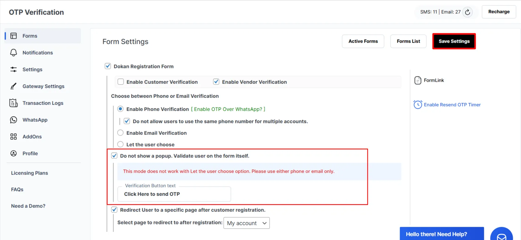 Vendor Registration Form - Select On page verification
