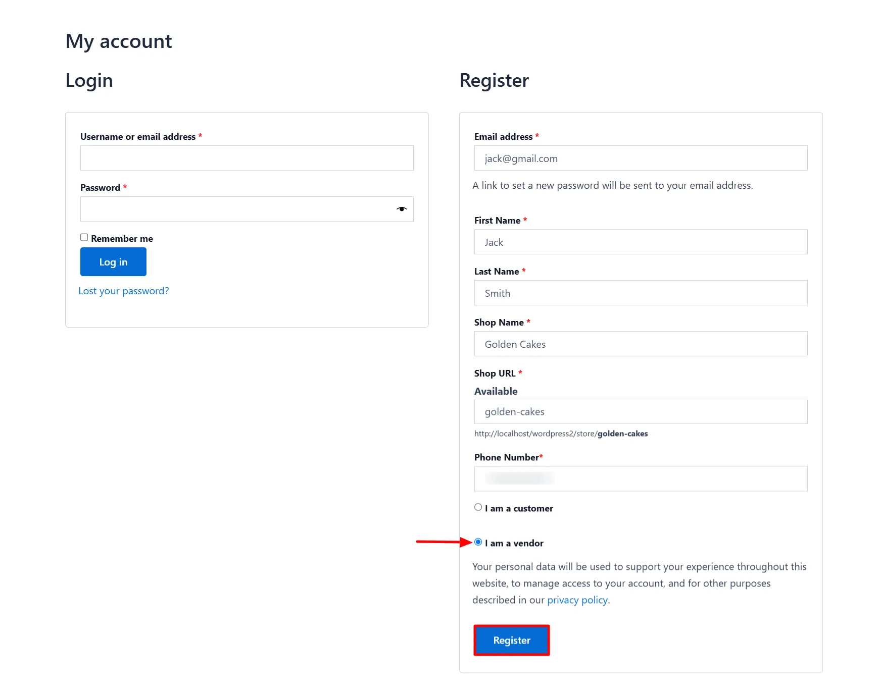 Vendor Verification - Click Register