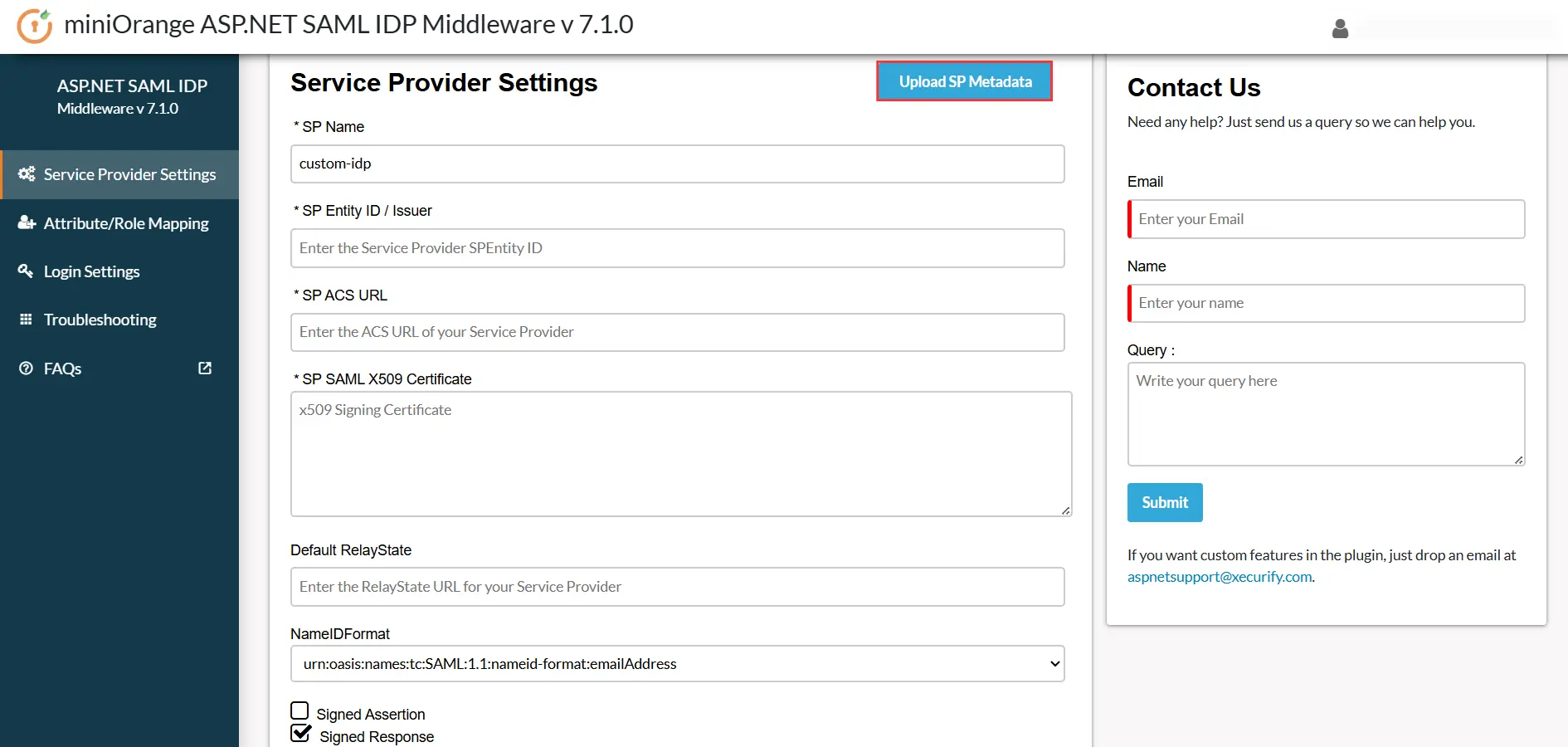 Upload SP metadata