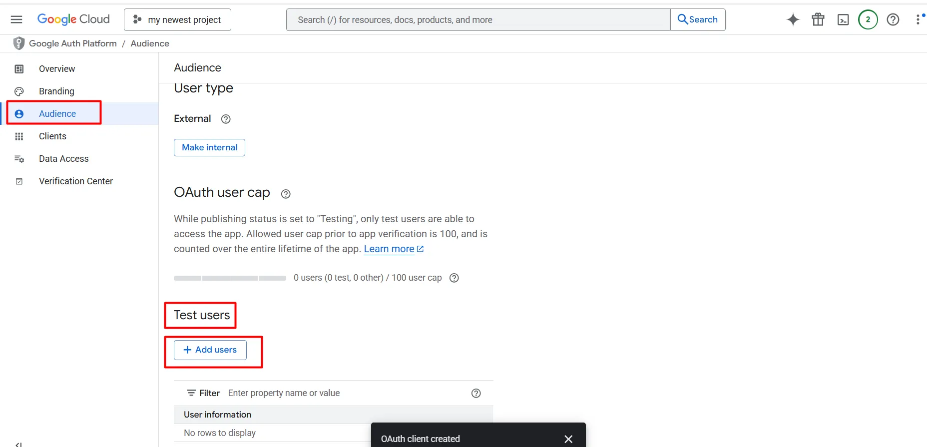 Shopify Google SSO – Testbenutzer hinzufügen