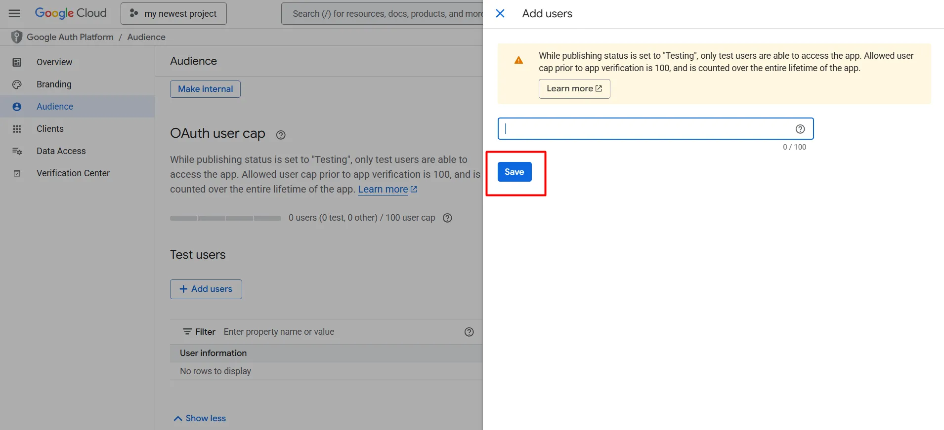 Shopify Google SSO – Testbenutzer speichern