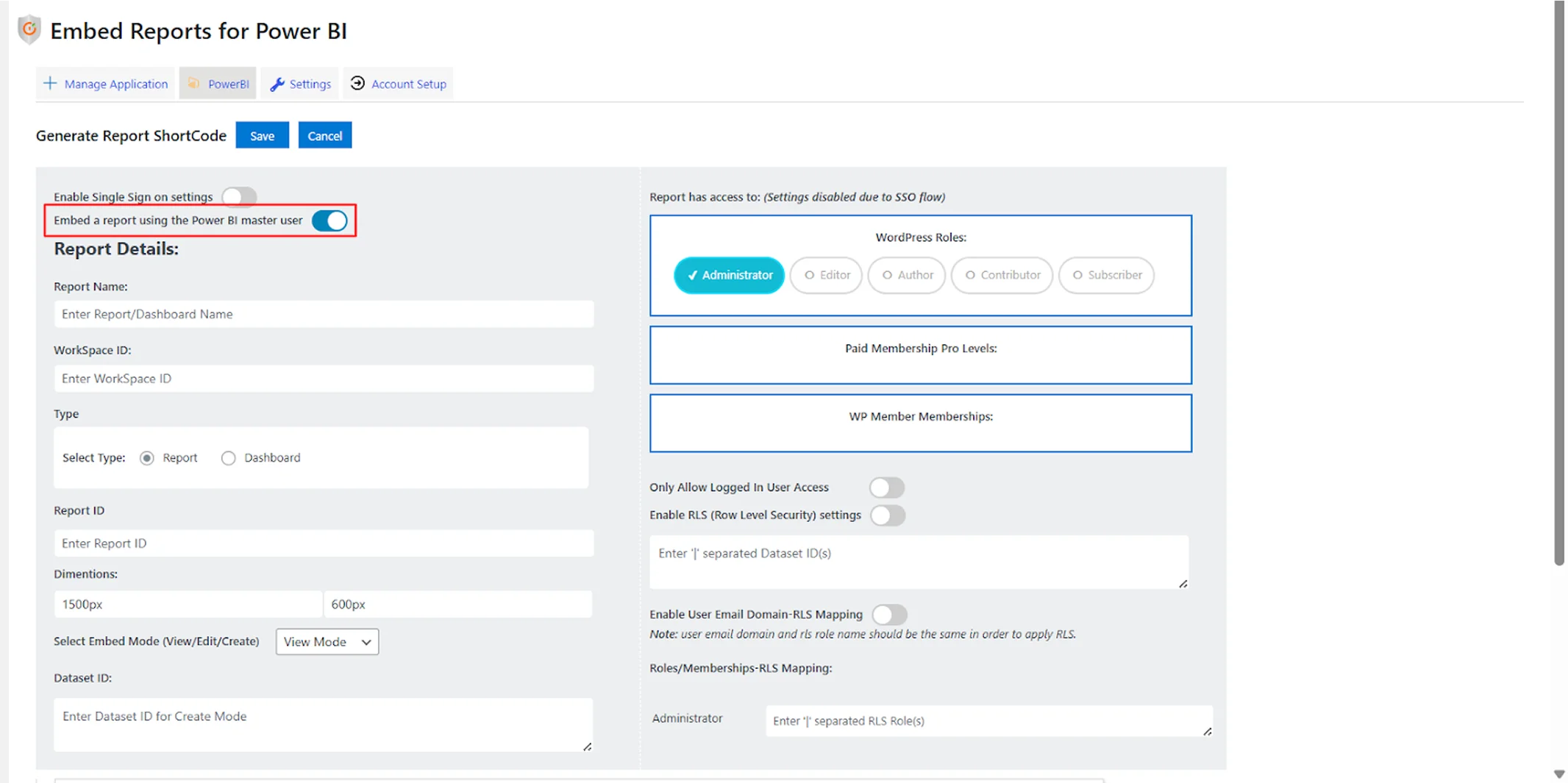 WordPress SAML SSO | Embed a report using the Power BI master user