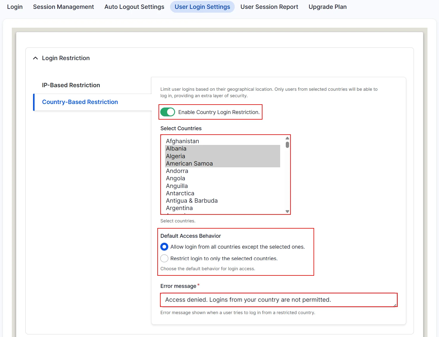 Drupal Session management - enable country based login