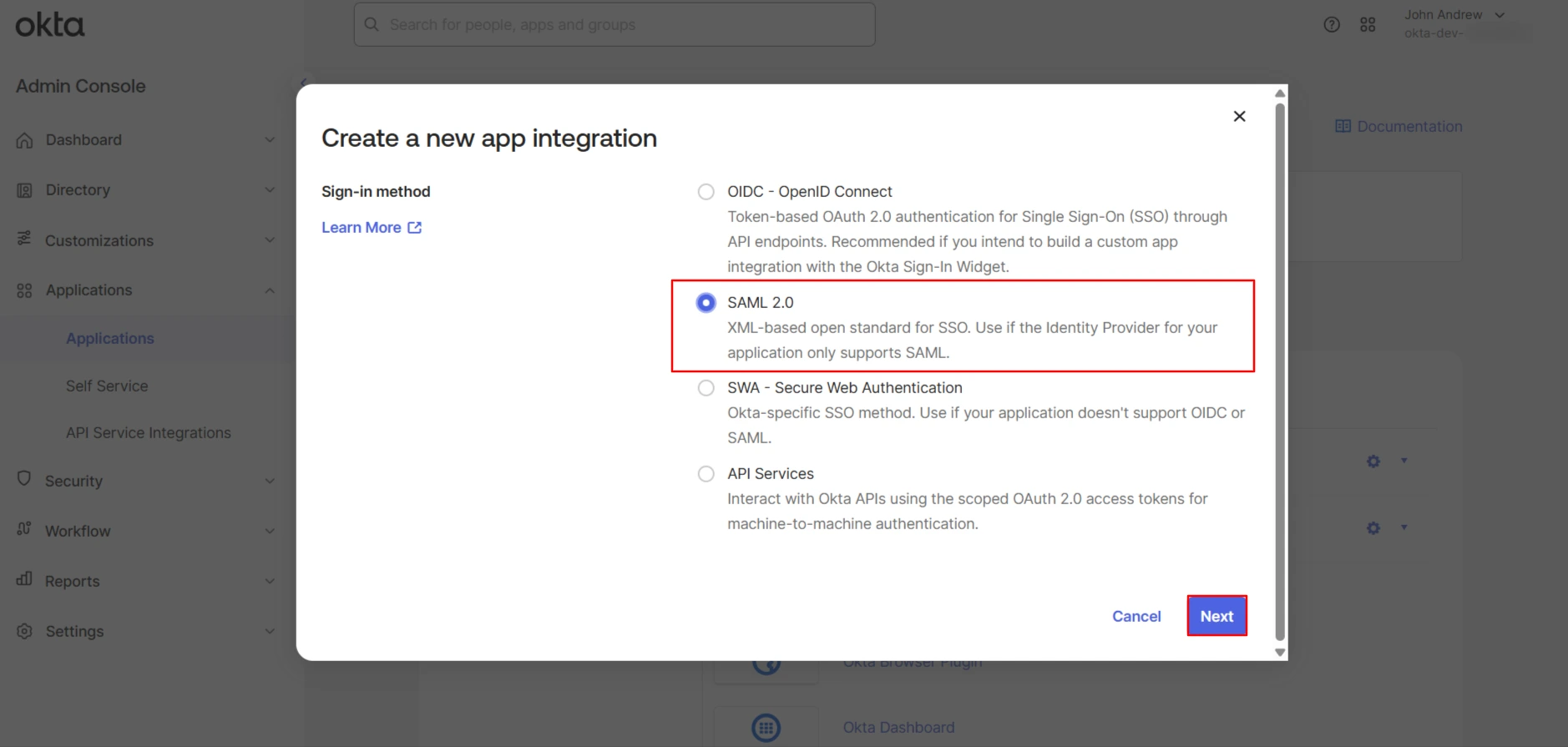 Create SAML 2.0 Okta App