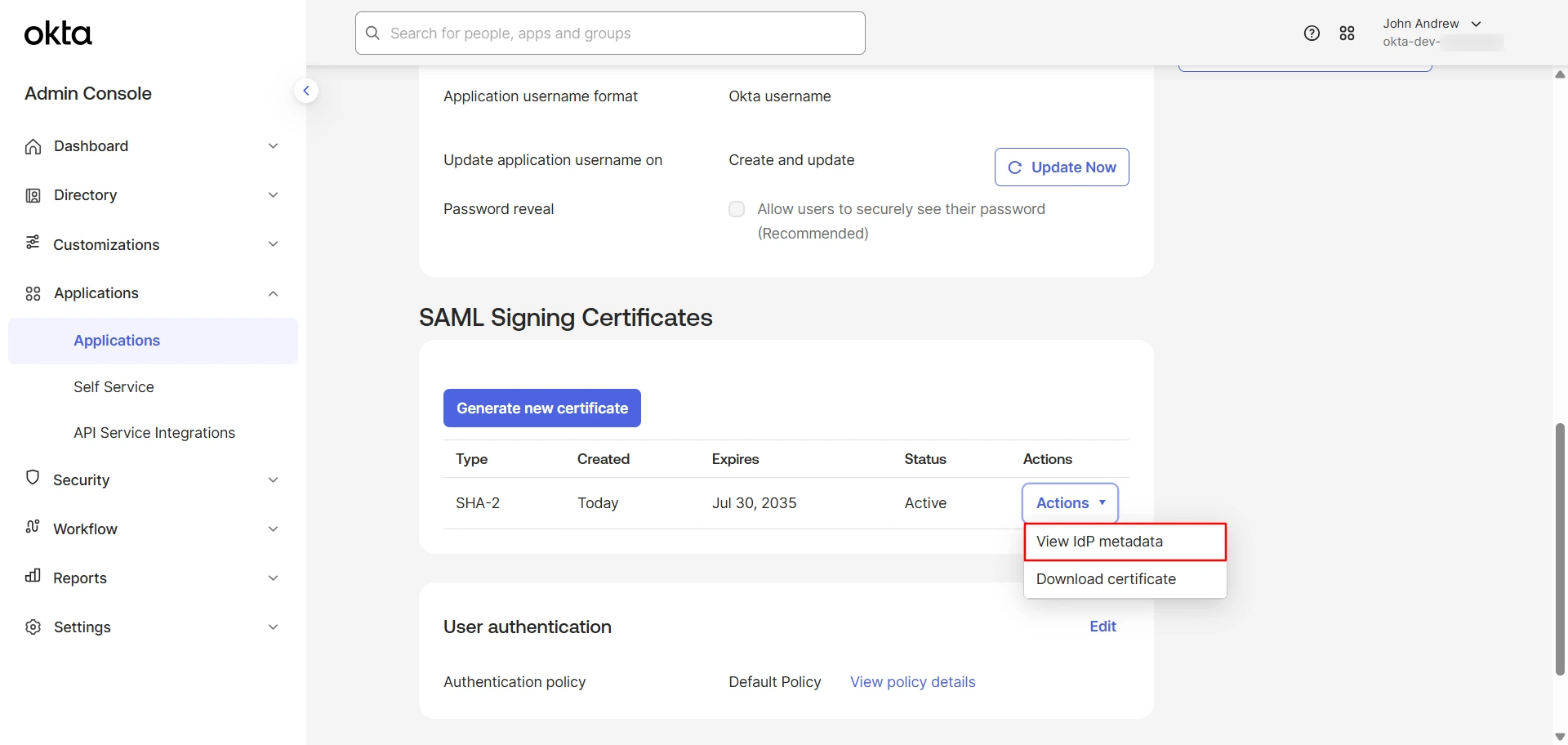 Configure Okta Sign Certificate