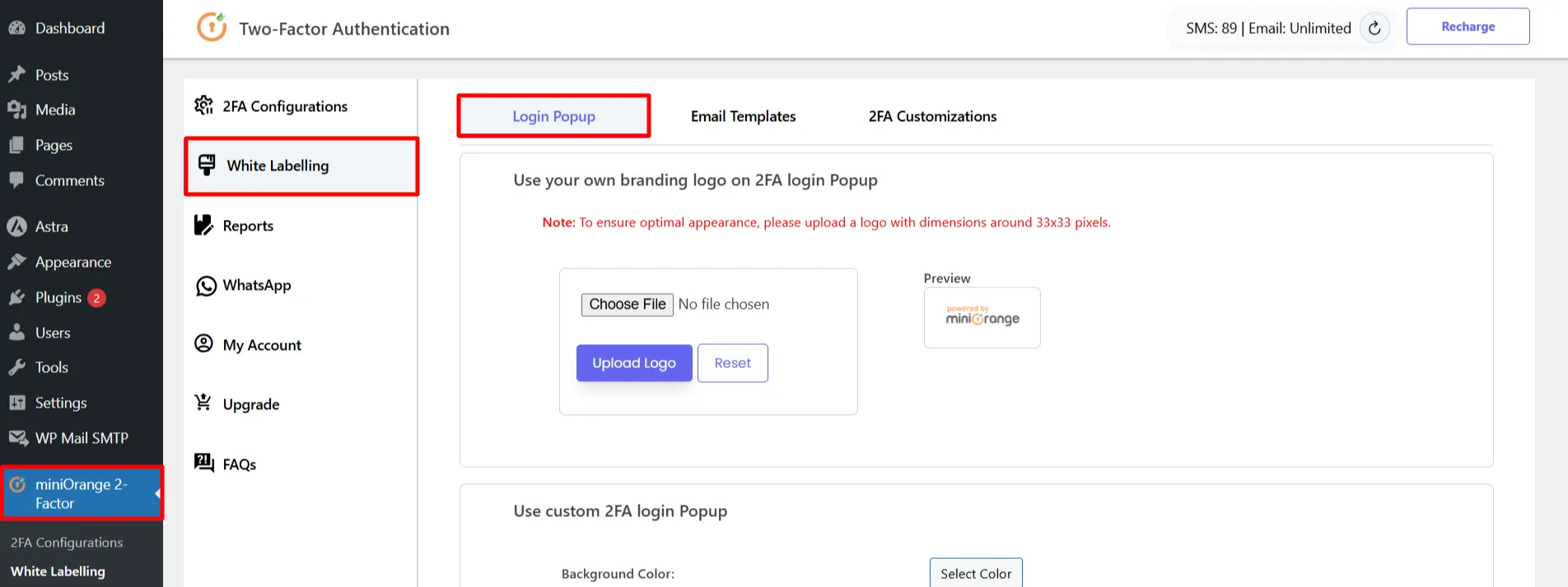 Passwordless login 2FA - White 2FA Configuration Tab