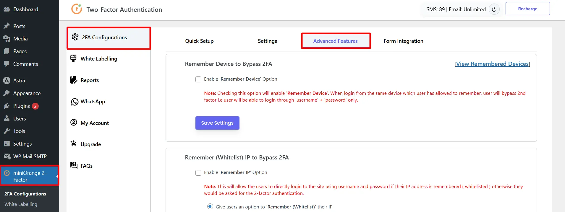 Session Management - 2FA Configuration tab