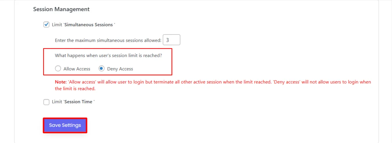 Session Limit -  Select action