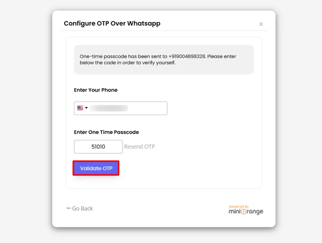 Send OTP on WhatsApp - Click Validate OTP