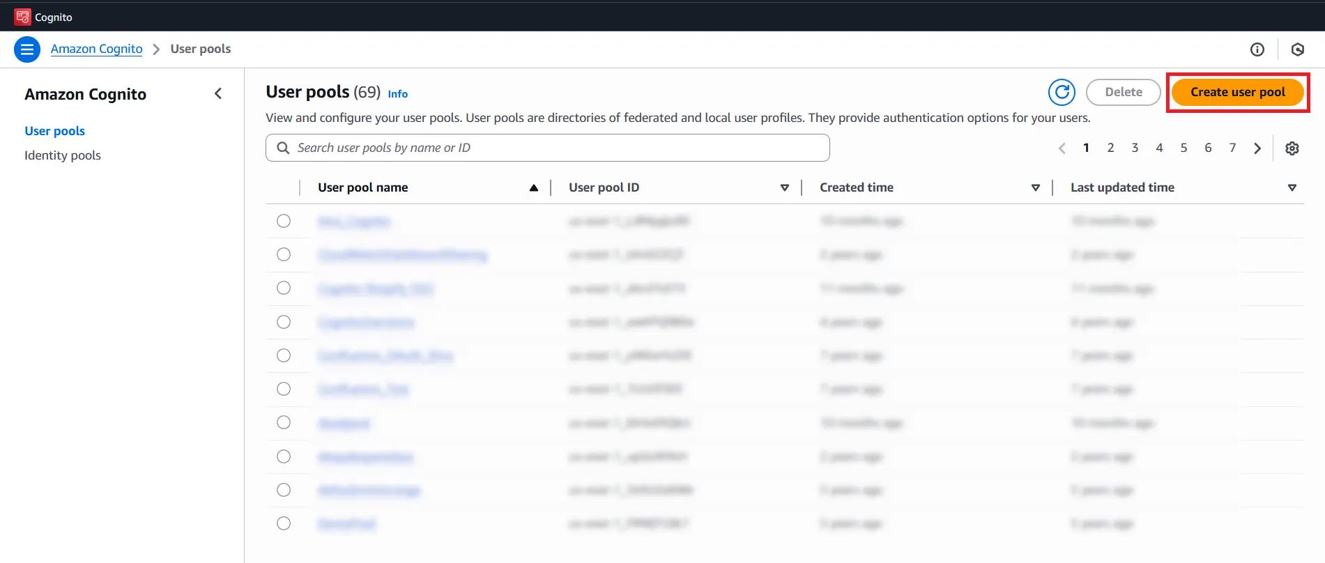 AWS Cognito Single Sign-On (SSO) - click on create user pool 