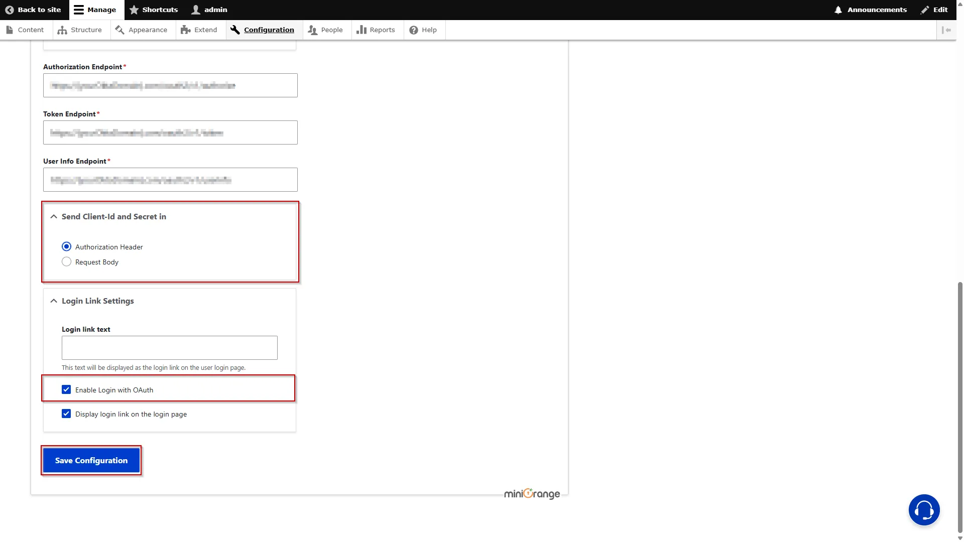 Drupal OAuth OpenID OIDC Single Sign On (SSO) Enabling the Login with OAuth checkbox and click Save Configuration